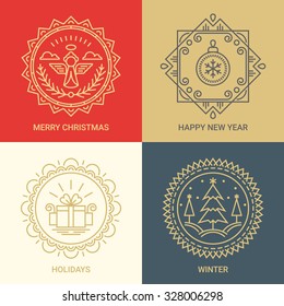 Logo design templates in linear style on Red, Gold, Beige and Grey background. Christmas, New Year, holidays and winter signs - winter celebration concept. Perfect as emblems, labels and badges