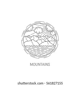 Logo design templates in linear style. Mountains, ocean and landscape - travel and ecology concept. Perfect as emblems, labels and badges.