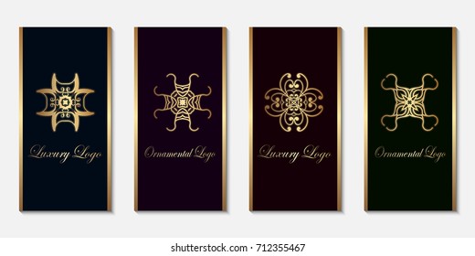 Logo design templates set with golden gradient on dark background. For luxury products, emblems, packaging.