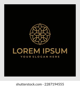  logo design templates in trendy linear style with flowers and leaves - signs made with golden foil on black background - luxury products, florist emblems, organic