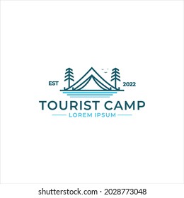logo design tent line with pine on beside, for camping vector illustration