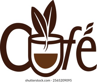 A logo design with the text "Cafe" in a modern, bold font. The "C" in "Cafe" is designed as a coffee cup, with steam coming out of it. The coffee cup is filled with brown liquid. 