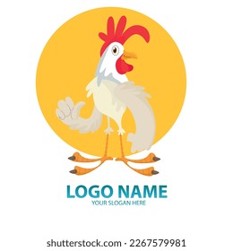 The logo design that features a rooster as the main element. The rooster was drawn in a realistic or stylish way, with a standing pose and flapping wings