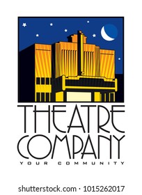 A logo design for a theatre building or company; building front and marquee and stars and moon in the background