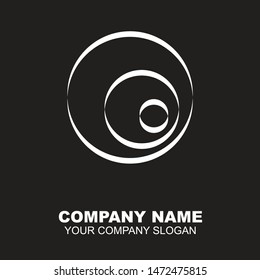 The logo design of three abstract circle shapes of various sizes in asymmetrical layout. Vector logo in black background.