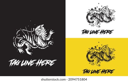 diseño de logotipo de ilustración vectorial en blanco y negro de lucha contra tigres y serpientes