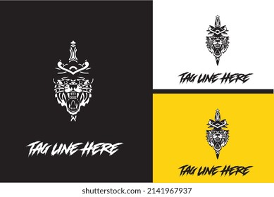 logo design of tiger and sword vector black and white