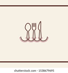 Logo design for traditional folklore cuisine. Cutlery with decorative line and dots. Spoon, fork and knife. Vector logo design template