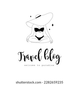 Logo design for travel blog or tour agency. Contemporary minimalist woman in black swimsuit. Hand drawn vector illustration in line art style.