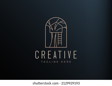 Logo-Design des Baumhauses mit Lottengriff. Vintage Modern Logo Line Art Design Vorlage