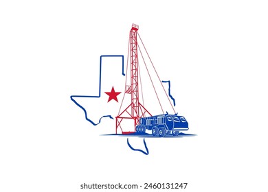 Logo design Truck Mounted Water Well Drill, Groundwater drilling truck with tower drill, or kerosene drilling industrial truck. With texas outline map.