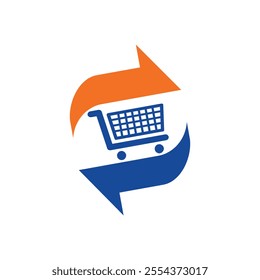 A logo design of two arrows in blue and orange forming a monogram S with a shopping cart icon in the middle