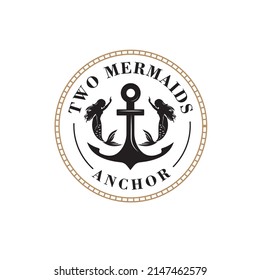 Logo design of two beautiful mermaids with long hair on anchor background in vintage traditional style, frill