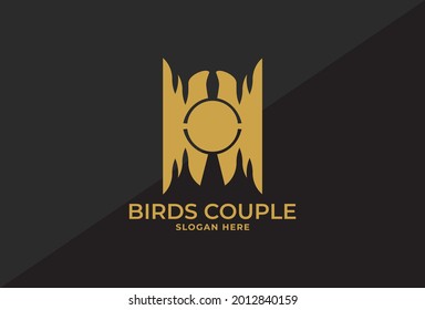 Logo design with two birds facing each other, the circle in the middle is the nest. means a couple who are in love, as well as a bird lover's logo with a minimalist design in elegant luxury colors in 