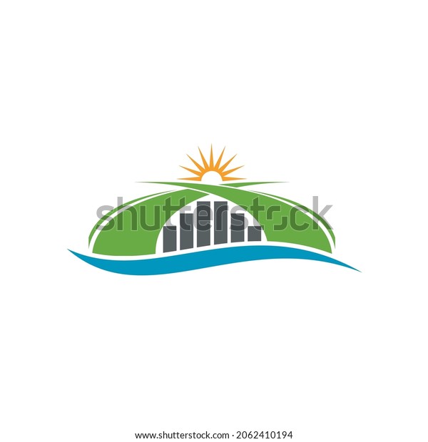 logo design of two bridges\
crossing each other between tall buildings accompanied by the\
rising sun