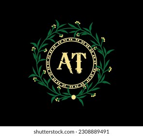 AT Diseño de logotipo con diseño único y sencillo, corona de laurel con cinta adhesiva