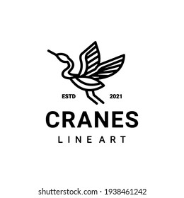 Logo-Design-Vektorgrafik wird im Stil der Linienkunst erstellt, die Crane Flying bildet
