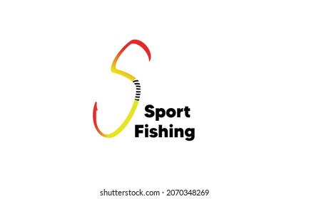 Logo-Illustration mit einem Angelhaken, der den Buchstaben "S"bildet und sich mit dem Wort "Sportfischerei"für ein Logo für einen Angelplatz oder eine Fischereigemeinschaft verbindet