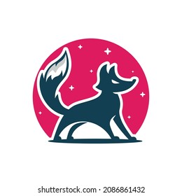 Logo design vector illustration animal mascot logo template dark blue fox silhouette with pink circle on the back makes the logo look perfect