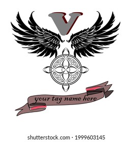 logo design vector illustration. Contains the letter V , silhouette drawing of wings and circles. can be used for company logos, stickers, t-shirt designs and more