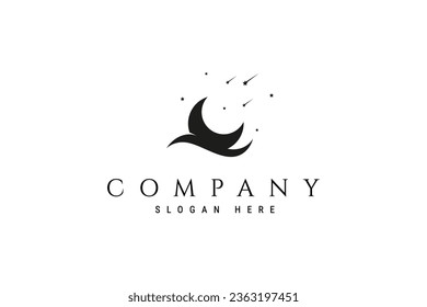 logo design vector illustration image of a crescent moon silhouette with waves decorated with shooting stars