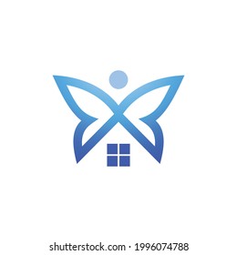Logo Design Vector minimalist Combination of House and Butterfly. Abstract, emblem, design concept, logo, logotype, element, template.