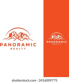 Logo design vector Wide panorama of a stone desert at sunrise in haze of soft sunlight, mountain landscape of Spitzkoppe hills, Namibia. Travel to wildlife of Africa, do using adobe illustrator