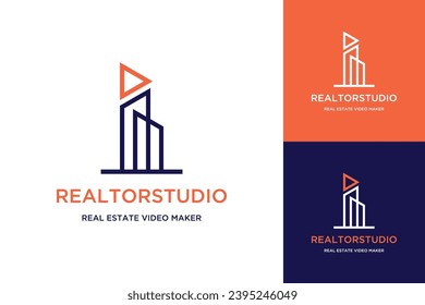 diseño de logotipo estudio de vídeo inmobiliario o construcción con el botón de reproducción