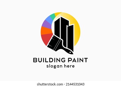 Logo design for wall paint or building paint, a paint brush silhouette combined and a building icon with a rainbow color concept in dots or sun