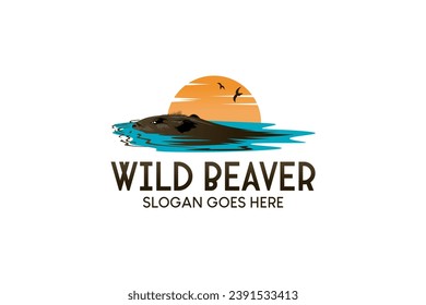 Logo design of wild beaver swimming in water with sun background