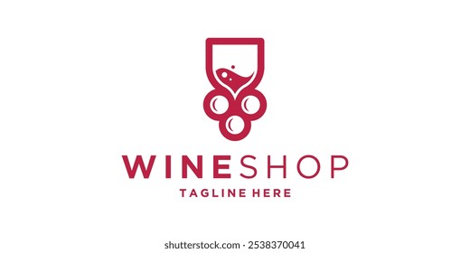 Tienda de vino de diseño de logotipo, copa de vino, uva, Vector de diseño de logotipo, ícono, símbolo, idea, creativo.