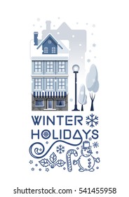 Logo design for the winter holidays. Winter, snow-covered street, house, street light, trees, holly, snowman and other Christmas symbols. Vector illustration