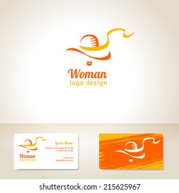 Logo design with woman in hat. Vector illustration. Business cards template with textured stroke. Fashion theme. Girl silhouette.