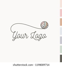 Logo design for woman knitting hobby. A ball of thread flat pastel colors. Yarn flat icon