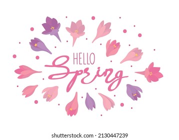 Logo for the design of Women's Day cards. Hand-drawn inscription hello, Spring and icons of spring tulips, vector isolated colorful element.