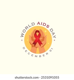 Design de logotipo para o Dia Mundial da Aids. Ilustração de mãos segurando Fita Vermelha.