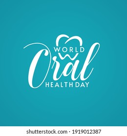 Logo design with World Oral Health Day typographic lettering and heart shape on turquoise background. Dental logo design.