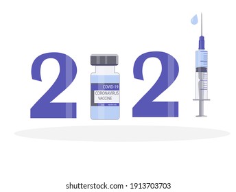 Logo design for the year 2021 with a syringe and a vaccine. A cure for viruses. Coronovirus vaccination. Fighting the epidemic, the end of the pandemic. Vaccine bottle and syringe among numbers.