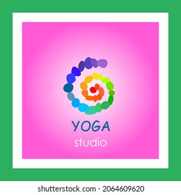 Logo design for yoga center with colorful pebbles spiral in rainbow colors for chakra healing on rose background. Vector illustration