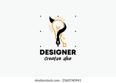 Logo for designer or illustrator with feathered pen tool cursor icon symbol, curve point art