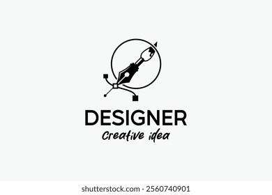 Logo for designer or illustrator with pen and brush tool cursor icon symbol, curve point art