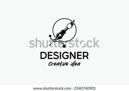 Logo for designer or illustrator with pen and brush tool cursor icon symbol, curve point art