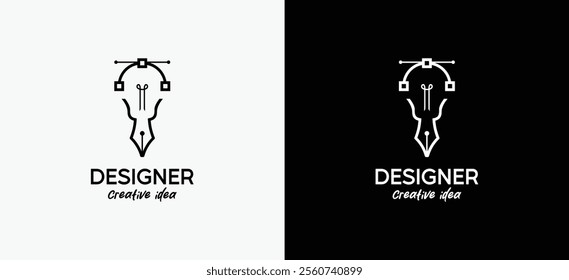 Logo for designer or illustrator with pen tool cursor icon symbol in light bulb, curve point art