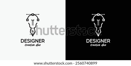 Logo for designer or illustrator with pen tool cursor icon symbol in light bulb, curve point art