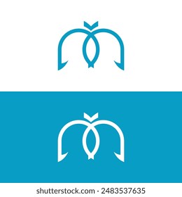 The logo design\"M" icon is in the shape of a fish hook and has a fish shape in it, great for those who like fishing.