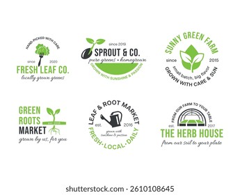 Logo designs showcasing various fresh produce brands at a local market promoting sustainable farming practices