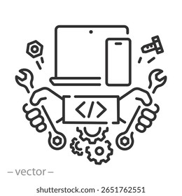 logo device service, electronics repair icon, notebook service emblem, hands of a master with a wrench, phone repair station, system development, mobile software, line vector illustration eps10
