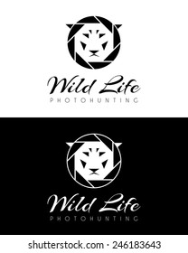 Logo with the diaphragm of the camera and the muzzle of a lion. Vector illustration.