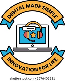 A logo for digital made simple innovation for life. The logo features a laptop with headphones and a star