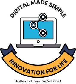 A logo for digital made simple innovation for life. The logo is a laptop with a ribbon around it